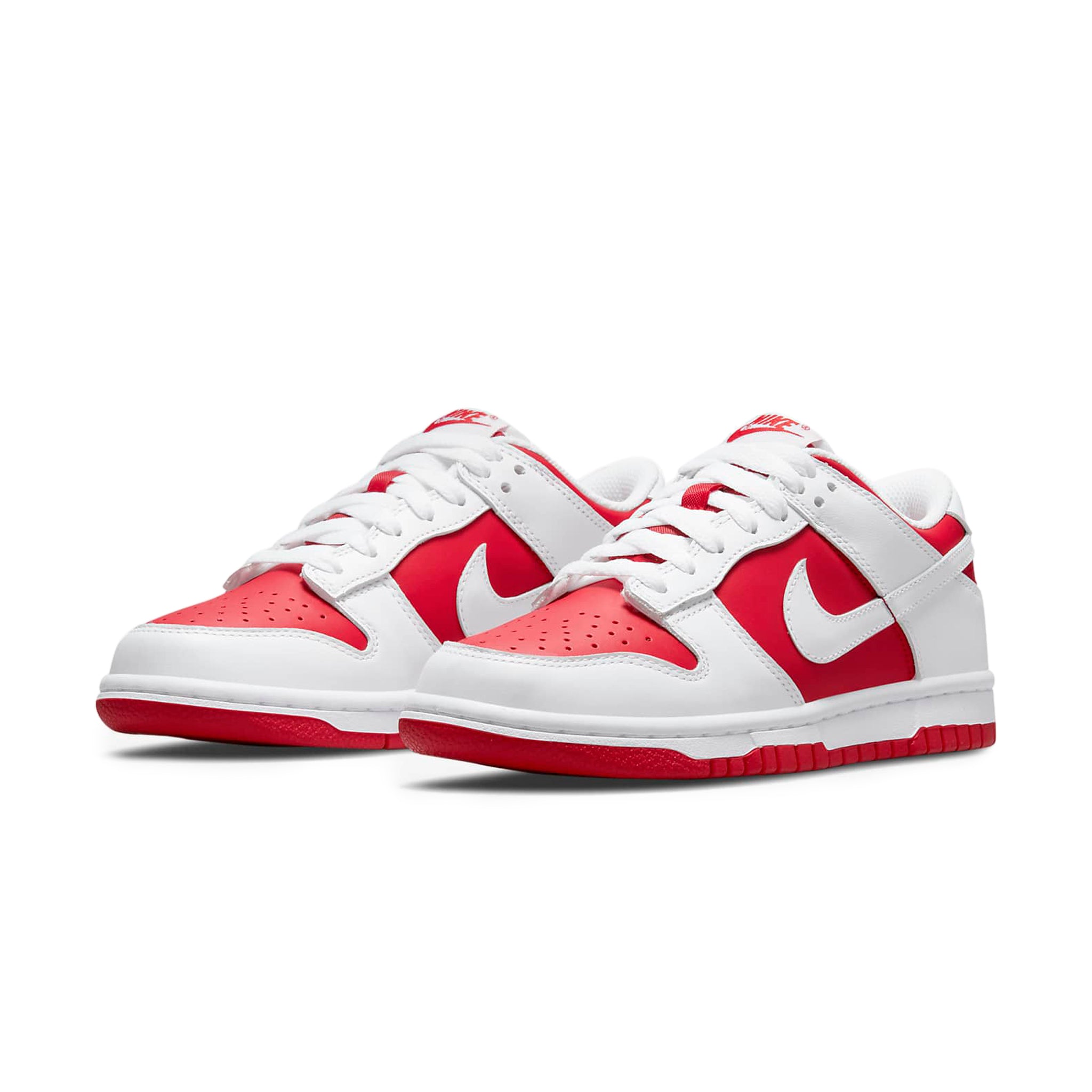 Front side view of Nike Dunk Low Championship Red (2021) (GS) CW1590-600